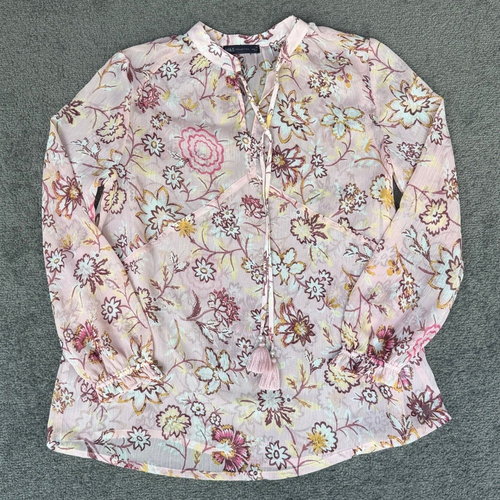 M&S Collection Pink Floral Boho‎ Blouse Tassel Tie V-Neck Sz 10 T43 2335K/08928